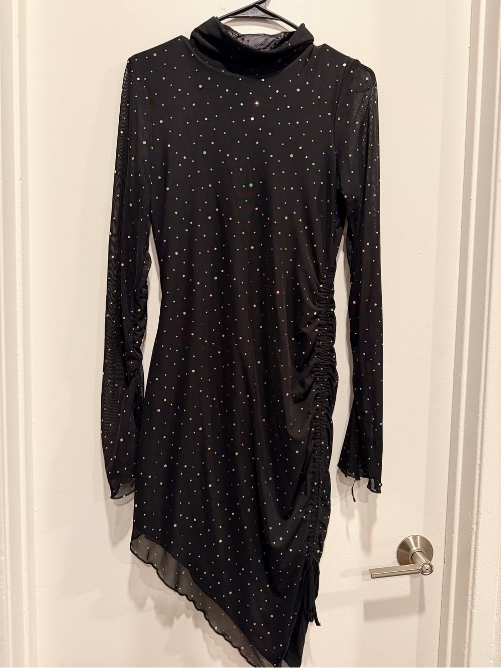 SHEIN Black Long-Sleeve Ruched Asymmetric Rhinestone Dress